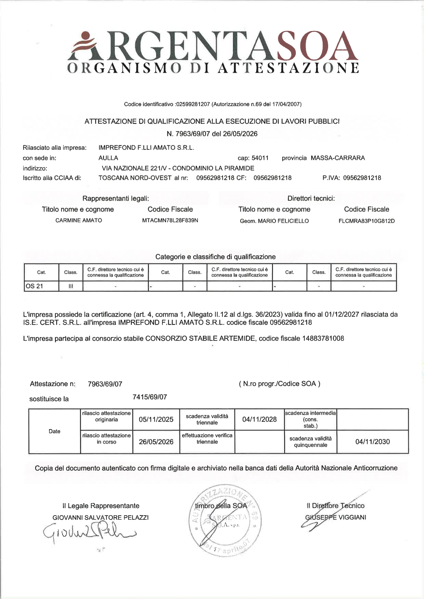 Attestazione SOA n. 7963/69/07 - Categoria OS 21, Classifica III